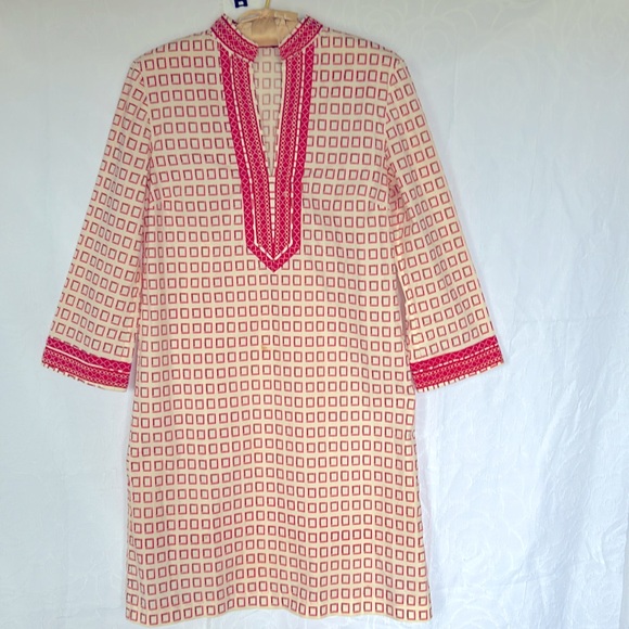 TORY BURCH orange, red, cream square printed mini dress w/3/4 sleeves. Size 2 - Picture 9 of 13